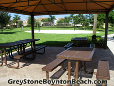 The combination of shaded picnic pavilion and adjacent volleyball court makes this Greystone facility a great place to host an active outdoor gathering.
